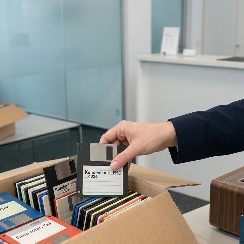 Büroauflösung: Disketten aus Kartons sortieren – Kundenbank-Daten auf 3,5-Zoll-Disketten