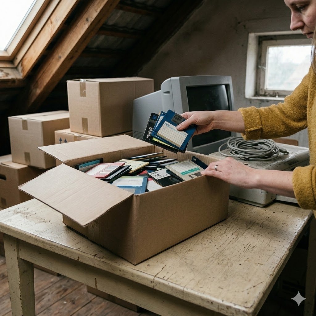 Alte Disketten auf dem Dachboden gefunden – Karton voller 3,5-Zoll-Disketten neben einem alten Computer