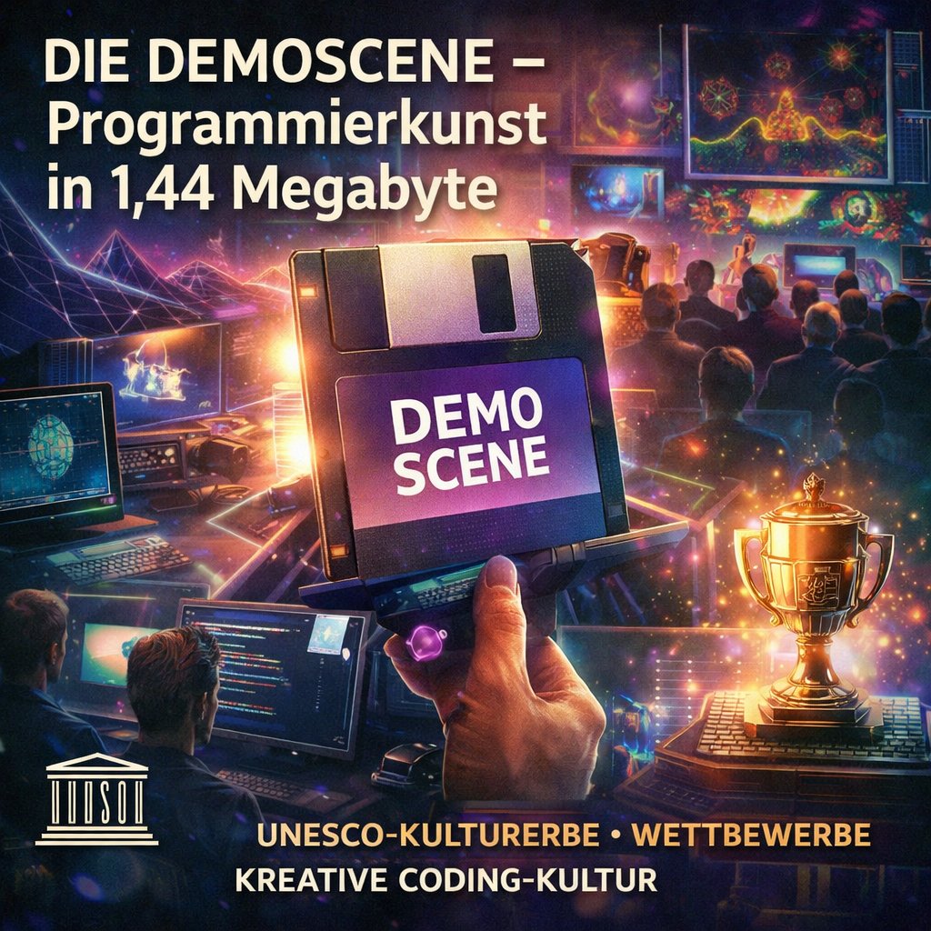 Die Demoscene: Eine Hand hält eine Diskette mit der Aufschrift Demo Scene vor einer Demoparty mit Bildschirmen, Pokalen und UNESCO-Logo