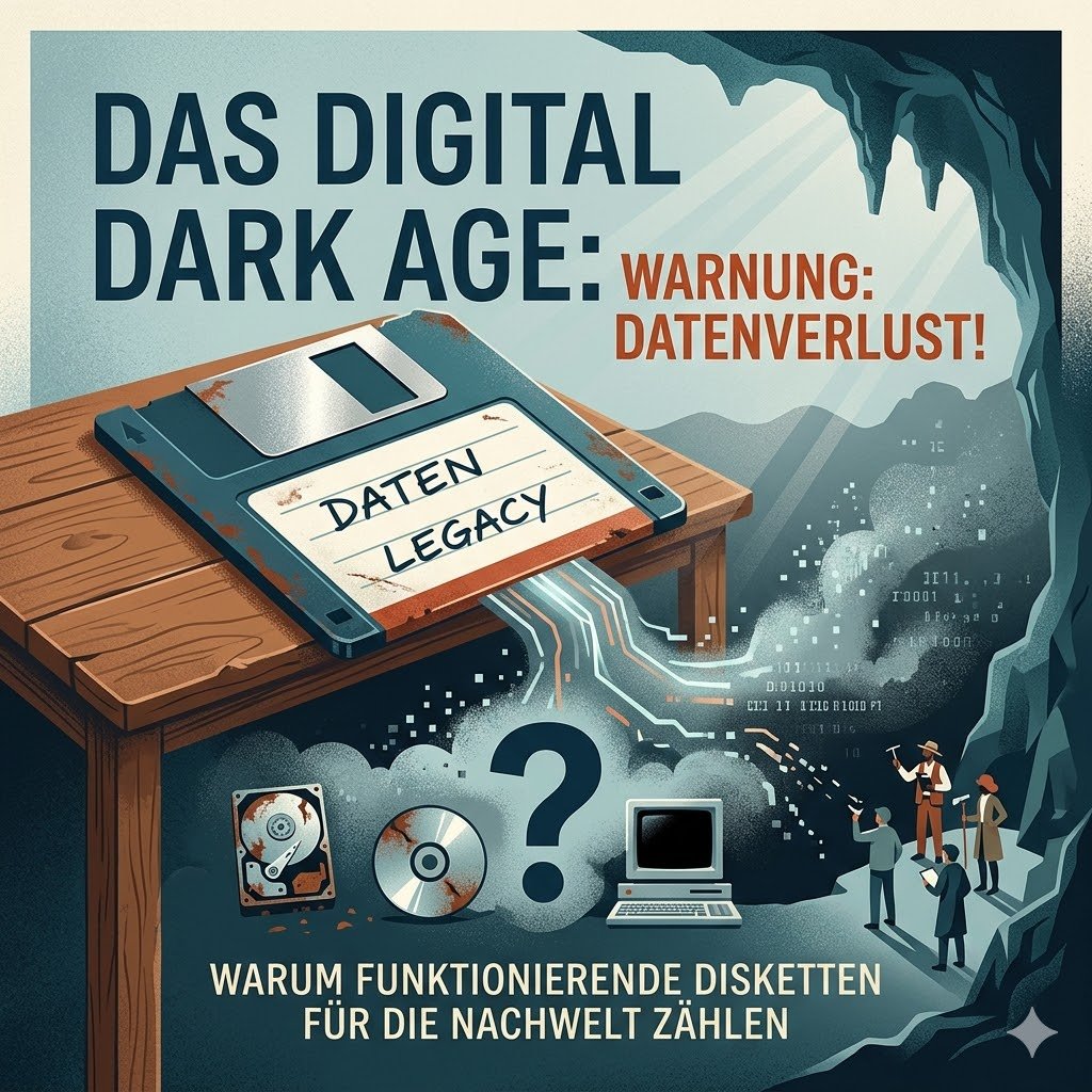 Digital Dark Age Illustration: Eine Diskette mit der Aufschrift Daten Legacy auf einem Tisch, im Hintergrund eine Höhle mit digitalen Archäologen