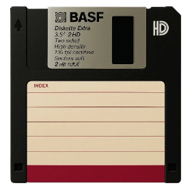 Vorderseite einer 3,5-Zoll-Diskette mit Metallschieber und Nabe