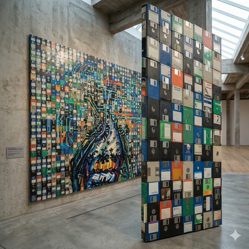 Kunstinstallation aus hunderten farbigen 3,5-Zoll-Disketten: Wandmosaik und freistehende Skulptur in einer Galerie