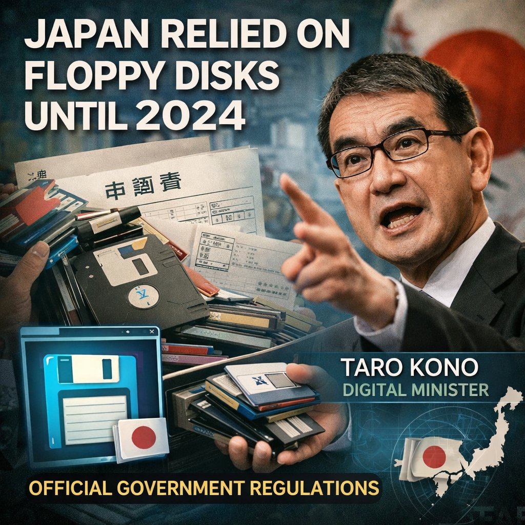 Japan Relied On Floppy Disks Until 2024 – Digitalminister Taro Kono mit Disketten und japanischen Verwaltungsformularen