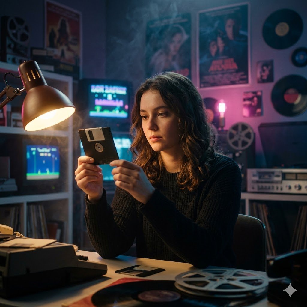 Junge Frau betrachtet eine 3,5-Zoll-Diskette in einem Retro-Zimmer mit Filmpostern, Schallplatten und alten Monitoren