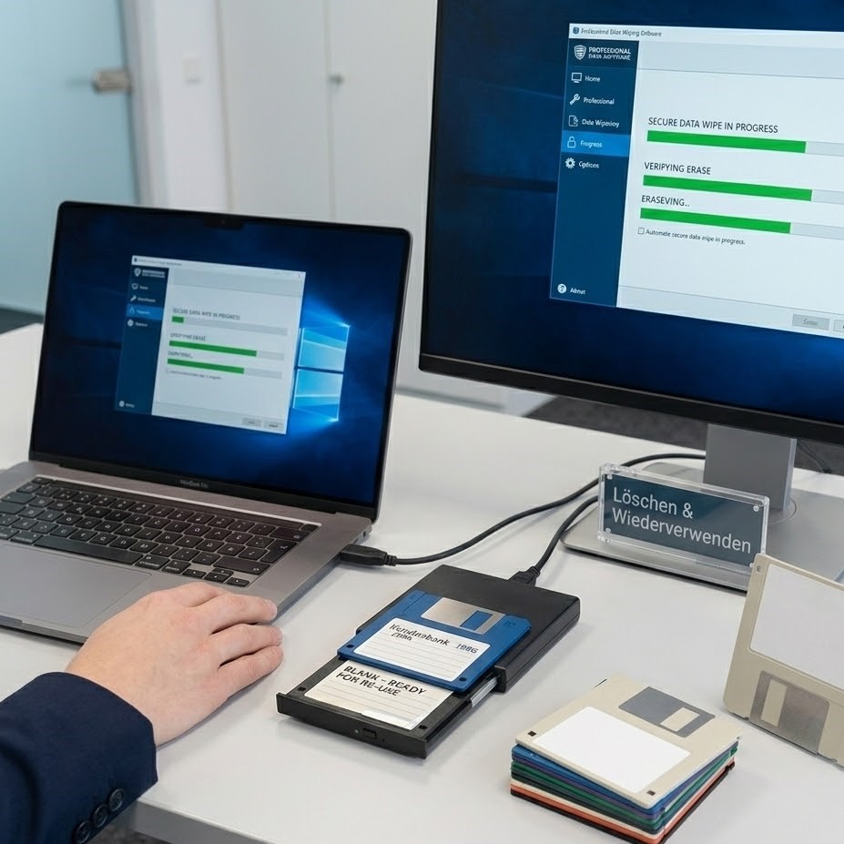 Sichere Datenlöschung: Diskette im USB-Laufwerk, Software überschreibt Daten mehrstufig