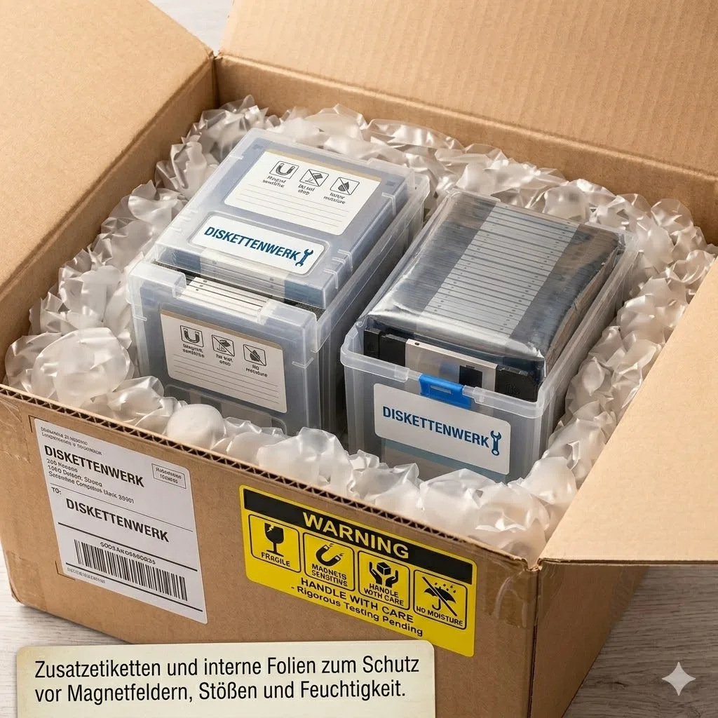 Professionell verpackte Disketten mit Schutzfolien und Warnetiketten im Versandkarton