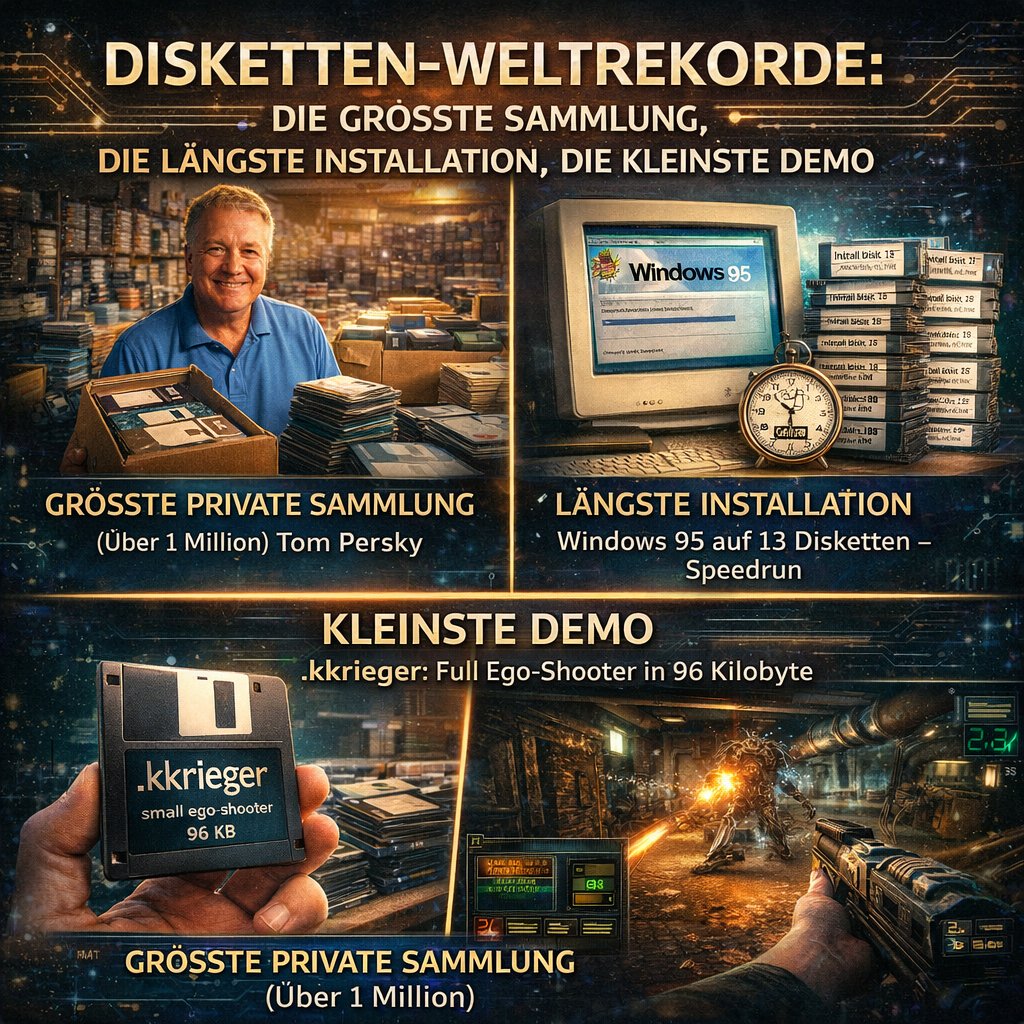 Disketten-Weltrekorde: Tom Persky mit der größten Sammlung, Windows 95 Installation auf 13 Disketten, .kkrieger Ego-Shooter in 96 KB