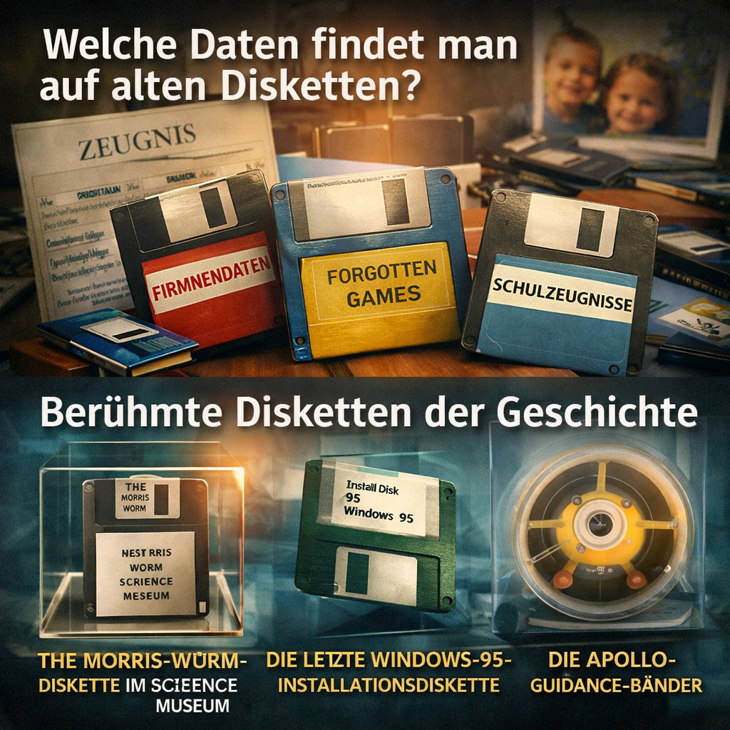 Welche Daten findet man auf alten Disketten? Firmendaten, vergessene Spiele, Schulzeugnisse – und berühmte Disketten wie der Morris-Wurm und Windows 95